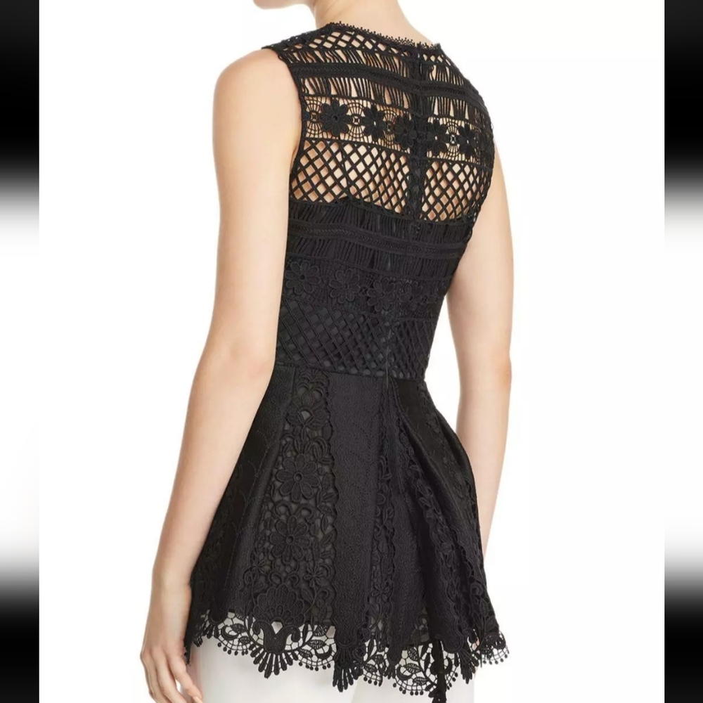 ELIE TAHARI Alessandra Floral Lace Peplum Sleeveless Blouse in Black Size 6 - Picture 3 of 13